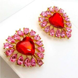 💎Betsey Johnson Gorgeous Red Pink Crystal Rhinestone Heart Post Earrings EUC!